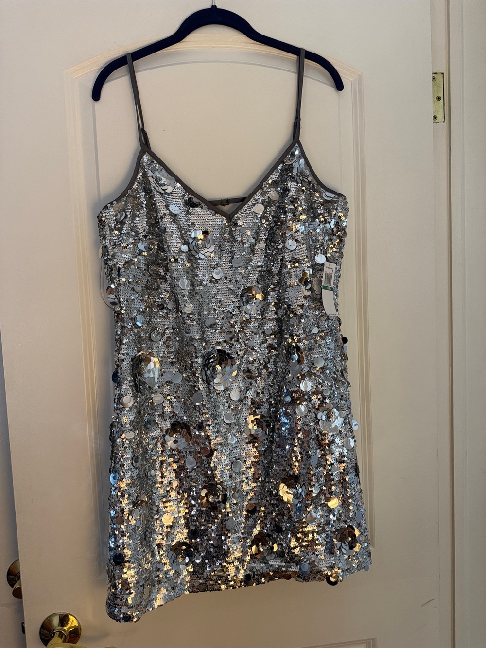 Sequined Silver Slip Dress with Thin Straps